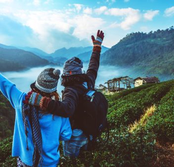 lover woman and man asian travel nature. Travel relax. Natural park on the Moutain. Thailand