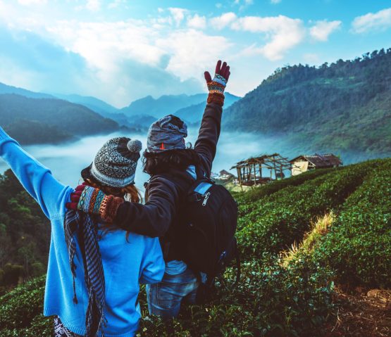 lover woman and man asian travel nature. Travel relax. Natural park on the Moutain. Thailand