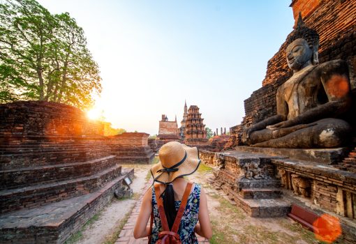 Sunset and light in Sukhothai historical park and wat Sri chum with Asian traveller walking on the temple, this image can use for travel, Bangkok, Thailand and landmark in aisa concept