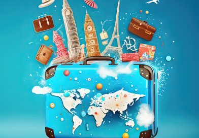 Travelling suitcase bag and famous landmarks around the world elements