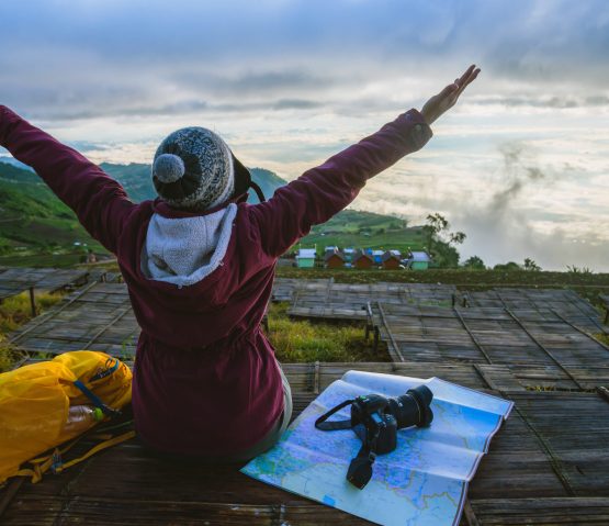 women asians travel relax in the holiday. Photograph landscape on the Moutain.Thailand